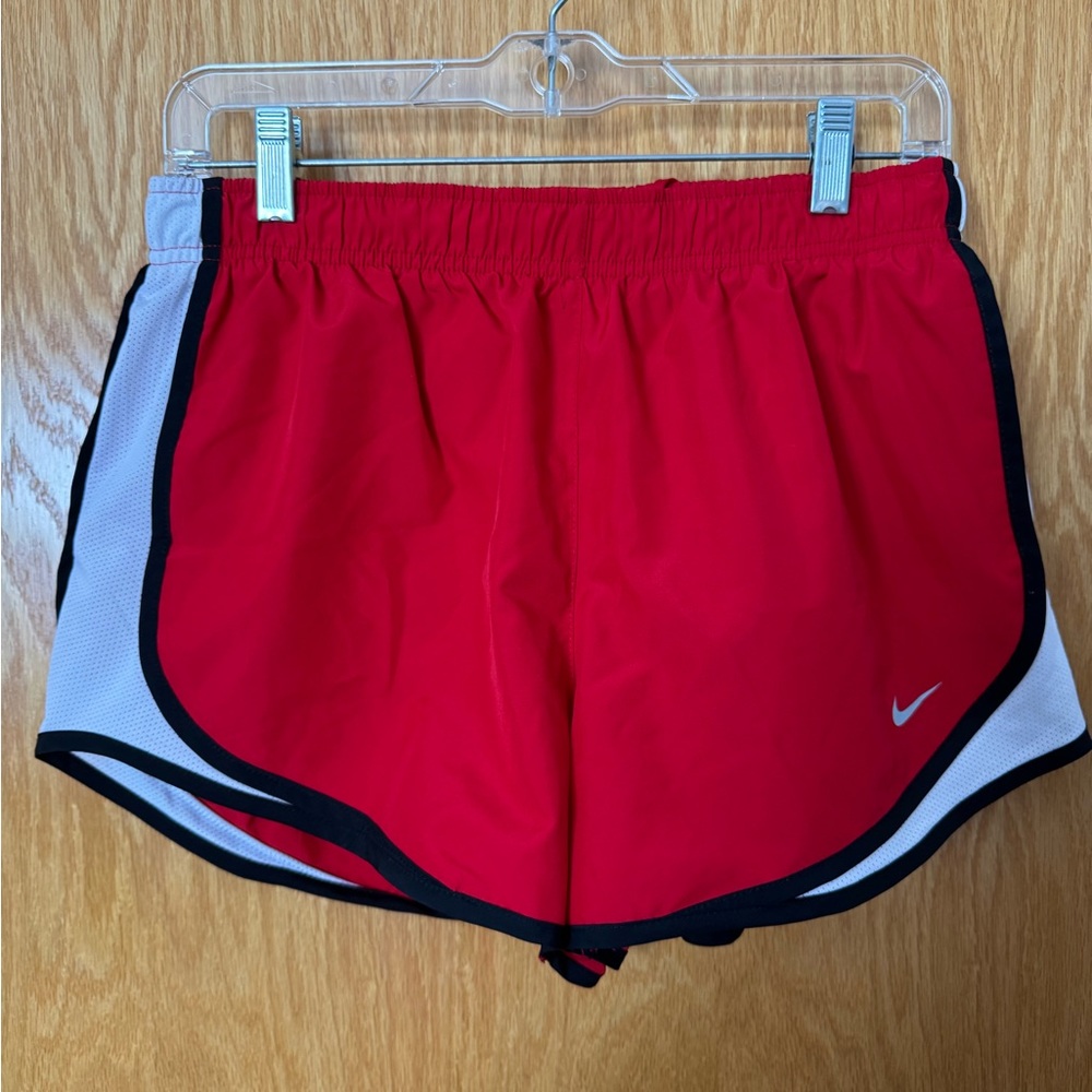 Nike Women’s Red Athletic Shorts with White Panels and Black Trim